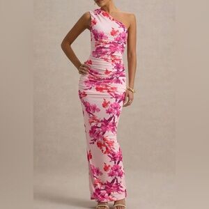 Club L DALARIE Pink Floral orange One-Shoulder Gathered Maxi Dress sz 8 NEW NWT